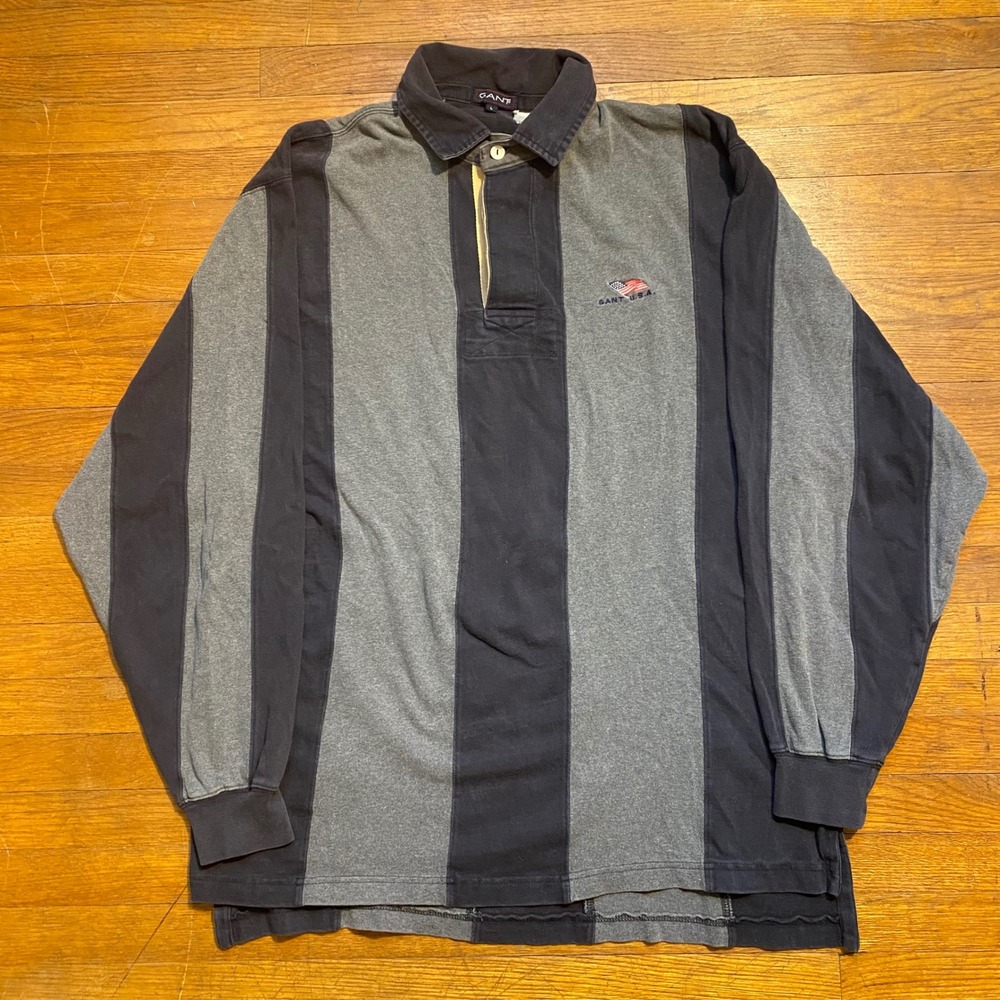 Gant USA Vintage Striped Rugby Shirt Mens Large Gray